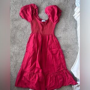 Smocked Puff Sleeve Midi Nap Dress in Vibrant Raspberry